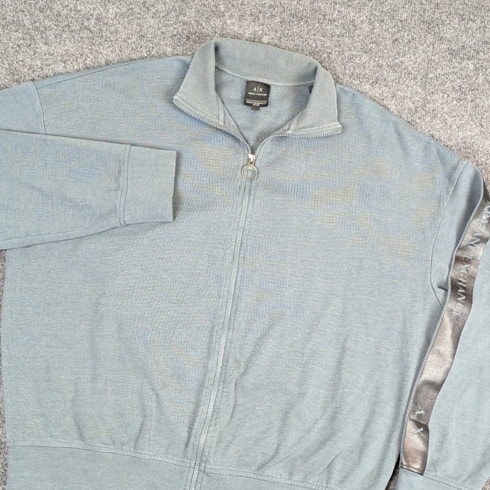 Armani Exchange AX Full Zip Sweatshirt Blue Gray Logo Sleeve Mens Size M